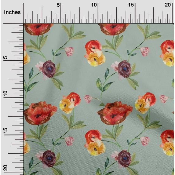 oneOone Cotton Poplin Twill Dusty Green Fabric Flower & Leaves Watercolor Fabric For Sewing Print Craft Fabric By The Yard 56 Inche Wide