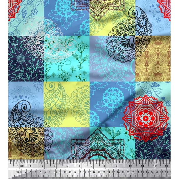 Soimoi Poly Georgette Fabric Mandala & Paisley Patchwork Printed Fabric 1 Yard 52 Inch Wide