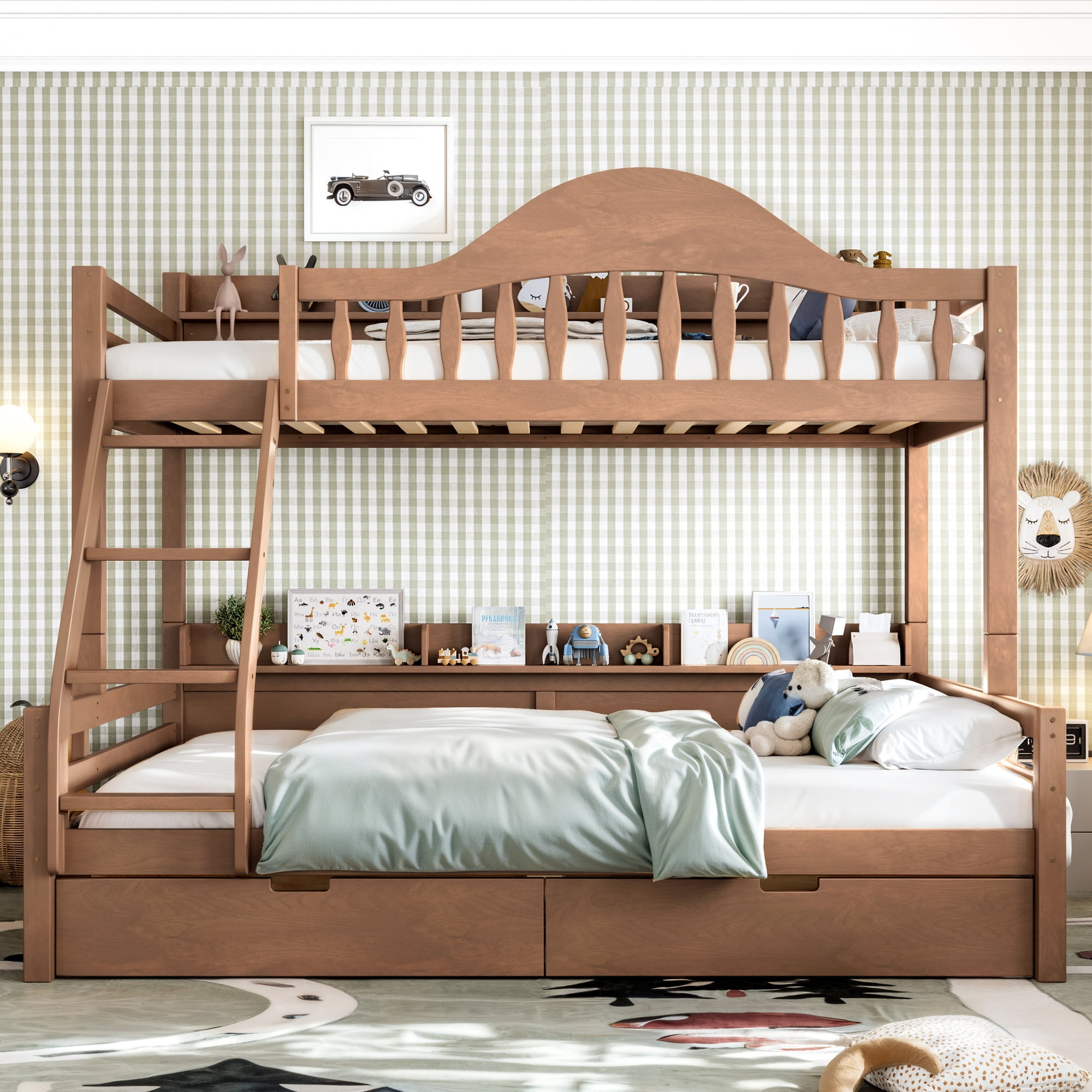 Leumius Twin over Full Bunk Bed with Storage Drawers, Chic Curved Guardrail & Side Storage Shelves, Bunk Bed Frame with Ladder Deep Natural