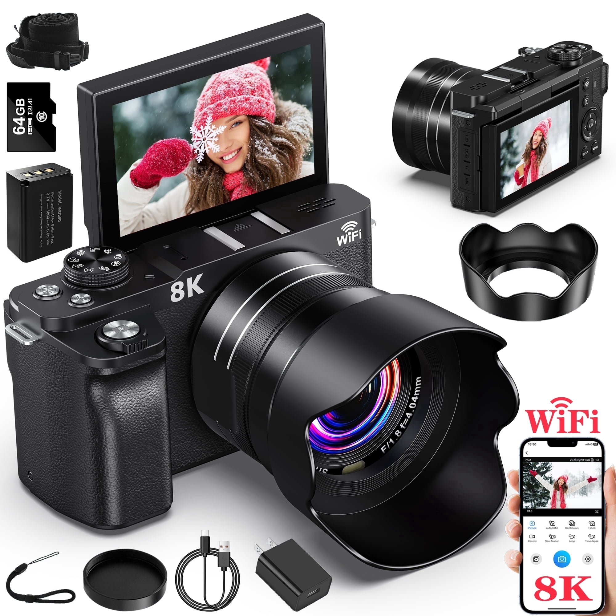 SEREE Digital Cameras for Photography 8K WiFi 88MP 18X Zoom Autofocus Vlogging Camera with 3" 180° Flip Screen, 64GB Card