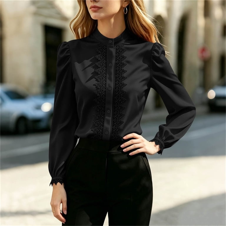 NTACZA Dressy Womens Summer Tops Shirts Solid Lace Satin Mock