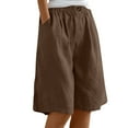 thumbnail image 2 of Women Linen Blend Bermuda Shorts Elastic High Waist Button Front Knee Length Casual Wide Leg Shorts with Side Pockets, 2 of 6