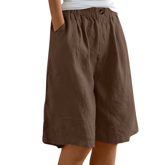 Womens Bermuda Shorts Knee Length Wide Leg Linen Long Shorts with Pockets Summer Casual Elastic High Waist Short Pants
