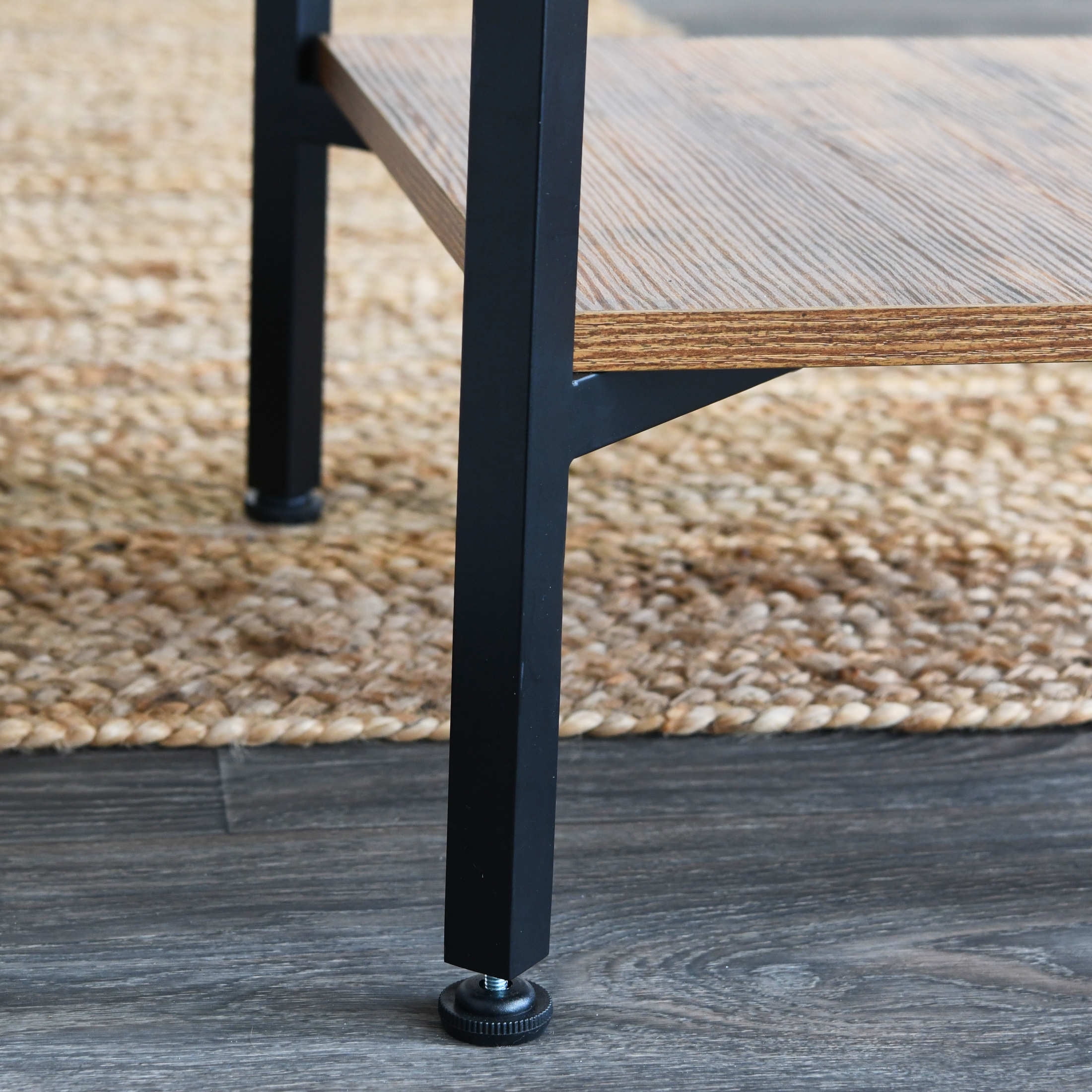 Household Essentials Crown Rectangular Coffee Table with Storage Shelf Rustic Hickory Wood Grain and Black Metal
