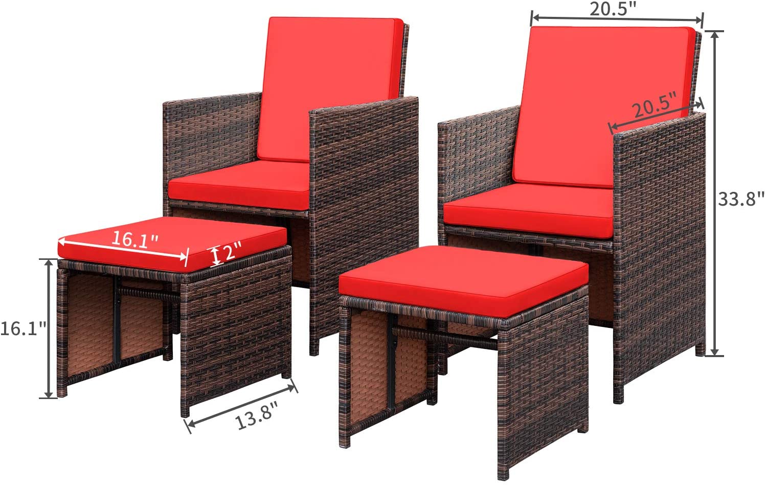 Lacoo 4 Pieces Patio Wicker Furniture Conversation Set with Two Ottomans Collapsible Balcony Porch Furniture, Red - image 3 of 3