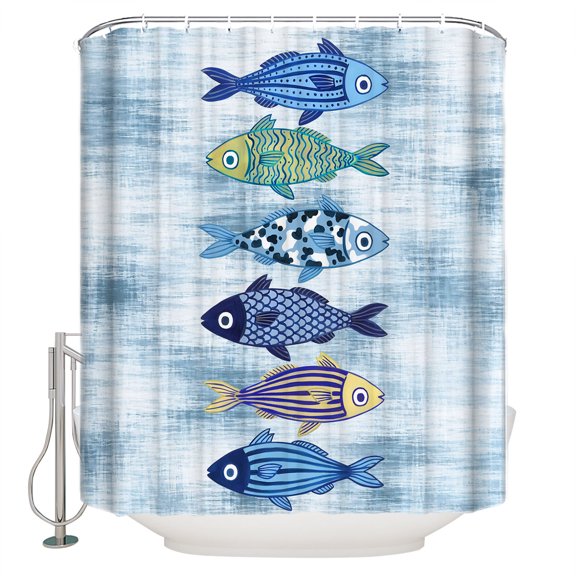 Blue Fish Coastal Bathroom Shower Curtains with 12 Hooks Polyester Waterproof Shower Curtain for Stalls and Bathtubs Nautical Seaside Ocean Summer Sea Decorative Bathroom Privacy Curtain 54x78 Inches