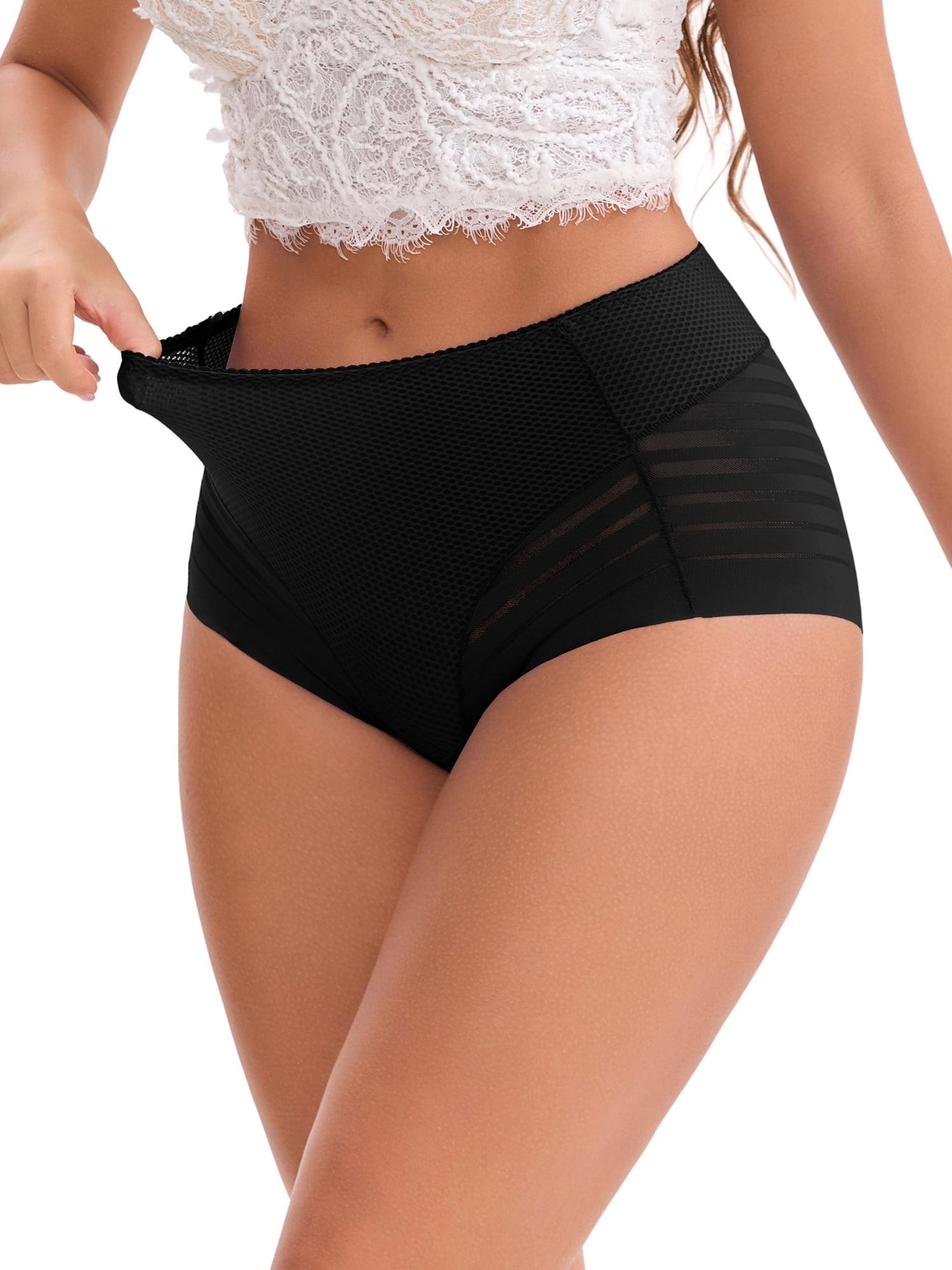 DARING DIVA Women's Lace Mesh High Waisted Invisible Tummy Control Panties M Black