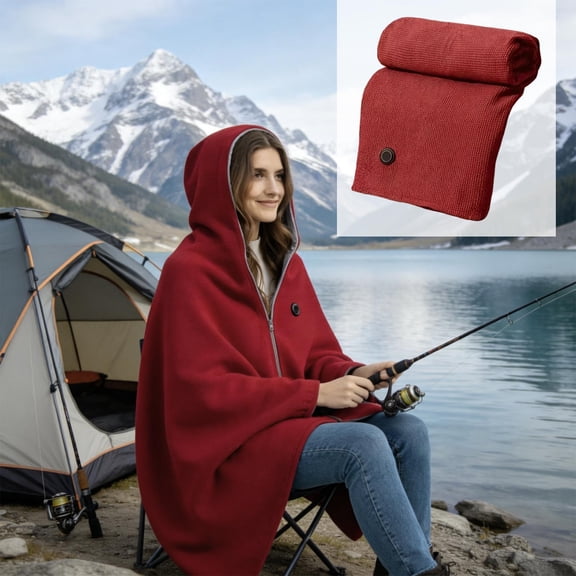 Portable Hooded Heating Shawl USB Powered Wearable Heated Blanket with Button Control for Outdoor Camping Car and Office (Wine)