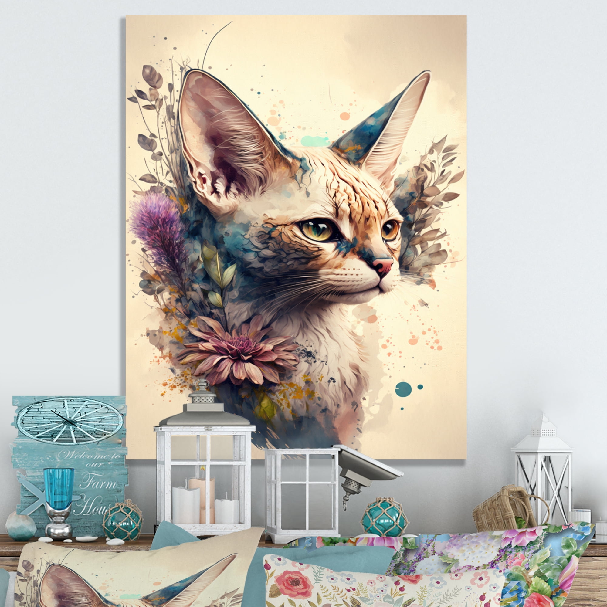Designart Cute Sphynx Floral Art III Canvas Wall Art