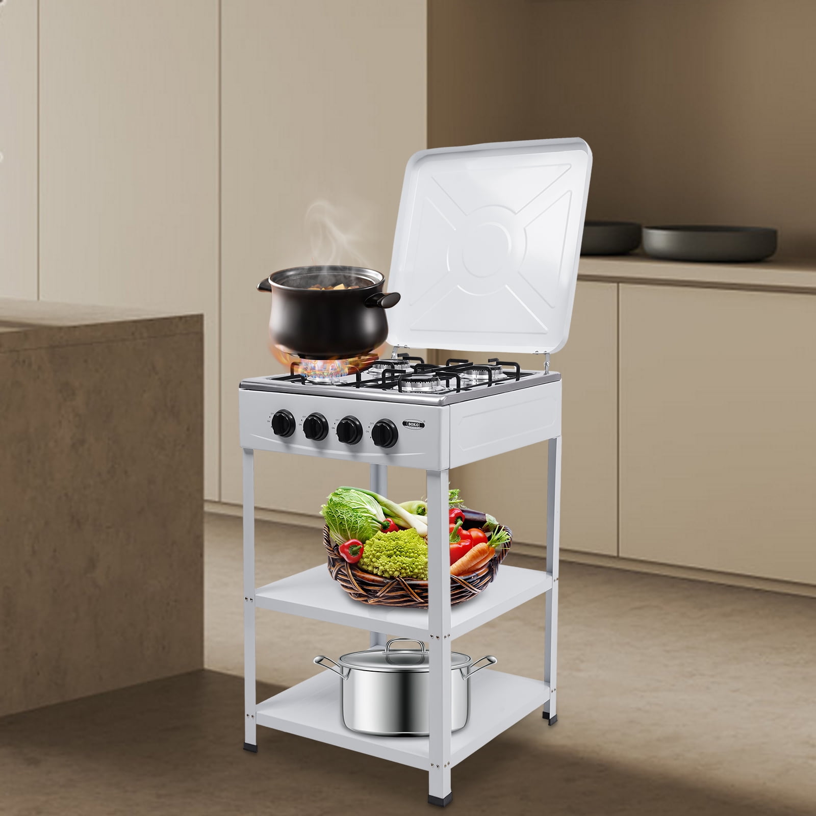 4-Burner Gas Stove with 2-Tier Storage Rack, Manual Ignition, High Efficiency & Durability for Home and Commercial Use