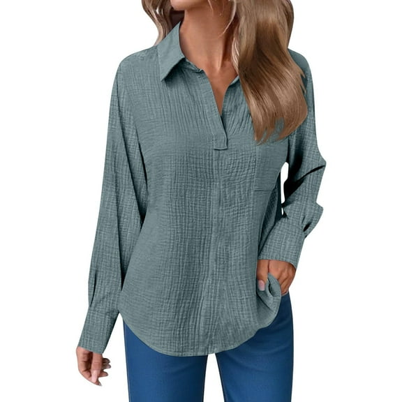 Holzkary Button Down Shirt for Women Basic Work Office Blouse Casual Loose Long Sleeve Tops Women's Lapel Long Sleeve V Neck T Shirt Daily Elegant Top Blackish Green L