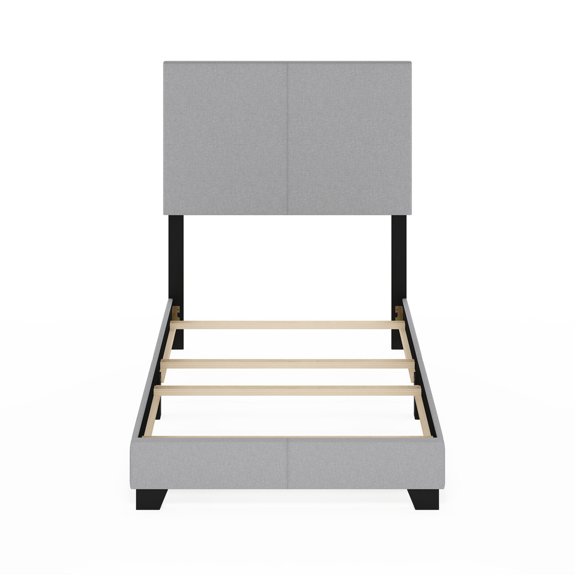 Furinno PESSAC Twin Upholstered Bed Frame with Fabric Headboard and Wooden Slat Support, Light Grey