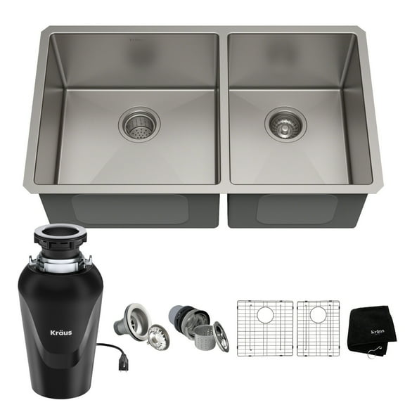 Kraus Standard PRO 33-inch 16 Gauge Undermount 60/40 Double Bowl Stainless Steel Kitchen Sink with Waste Guard Continuous Feed Garbage Disposal
