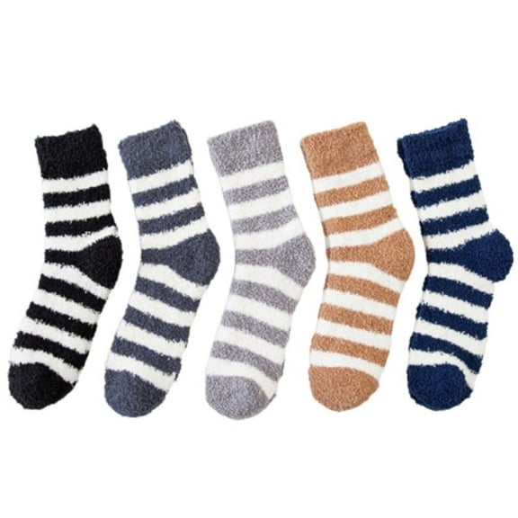 AOOOWER 5 Pairs Men Winter Cozy Fuzzy Warm Slipper Socks Striped Coral Velvet Fluffy Plush Thermal Home Sleeping Hosiery Gifts