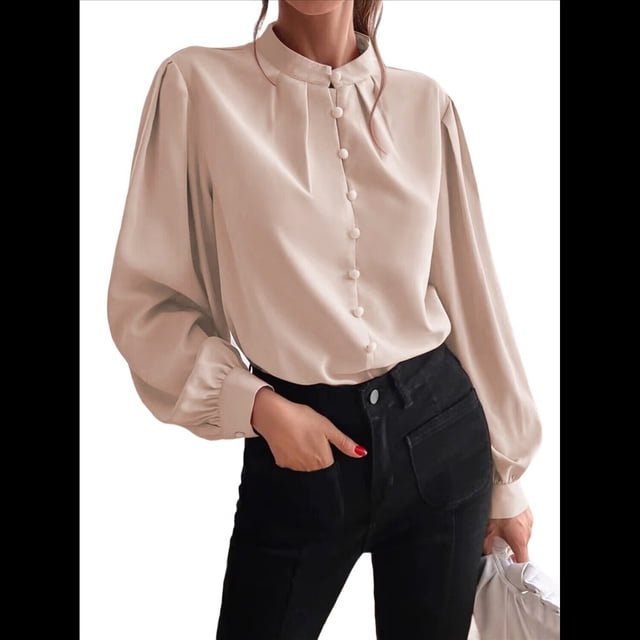 Camisas con Botones para Mujer, Blusas de Otoño para Mujer, Blusas Informales de Negocios para Mujer Caqui L