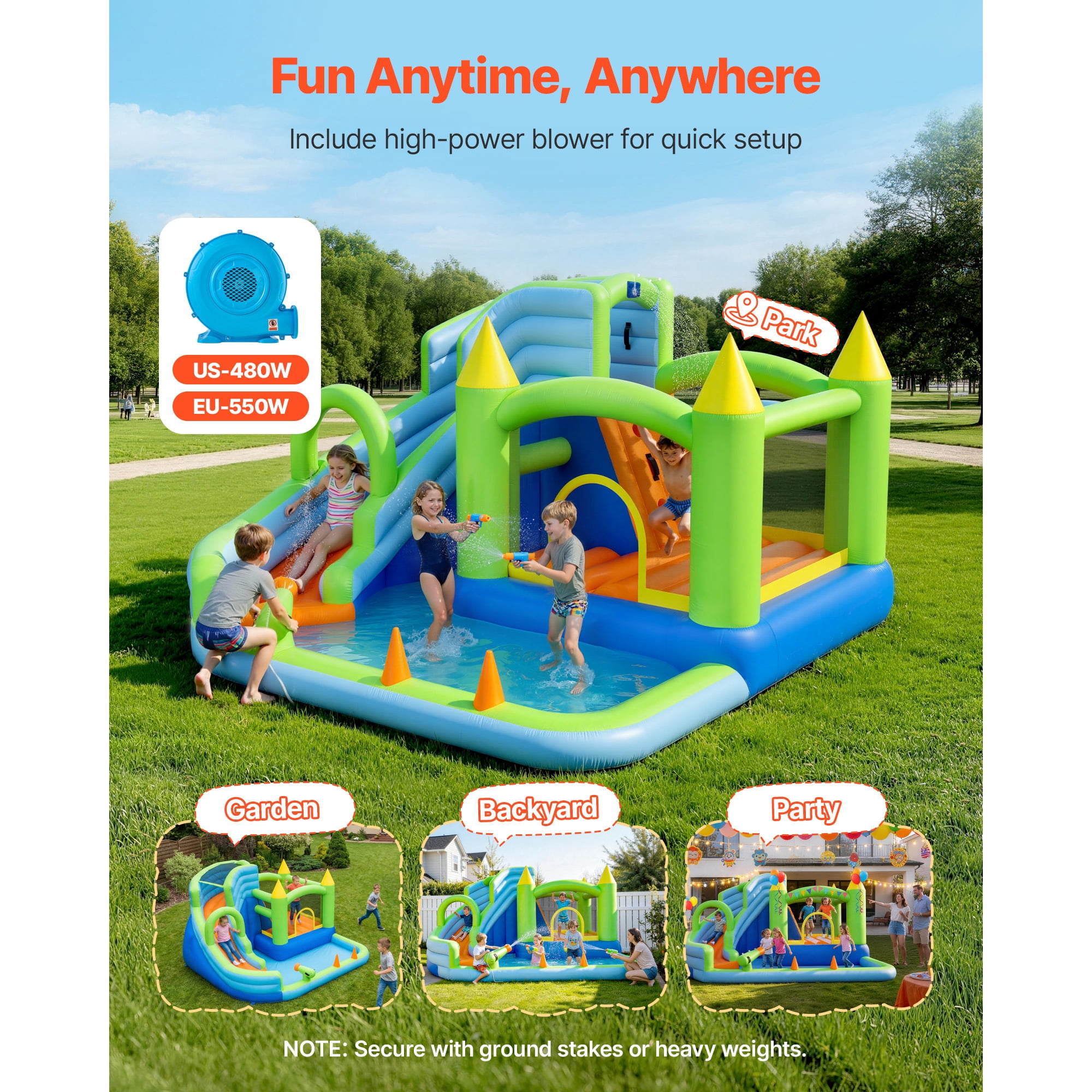 KFFKFF Inflatable Bounce House with Water Slide, 11.3 x 12.3 x 7.0 ft Bouncer Castle Featuring Jump Area, Basketball Hoop, Splash Pool, and Water Ring Toss, Suitable for 3-4 Kids Aged 3-8