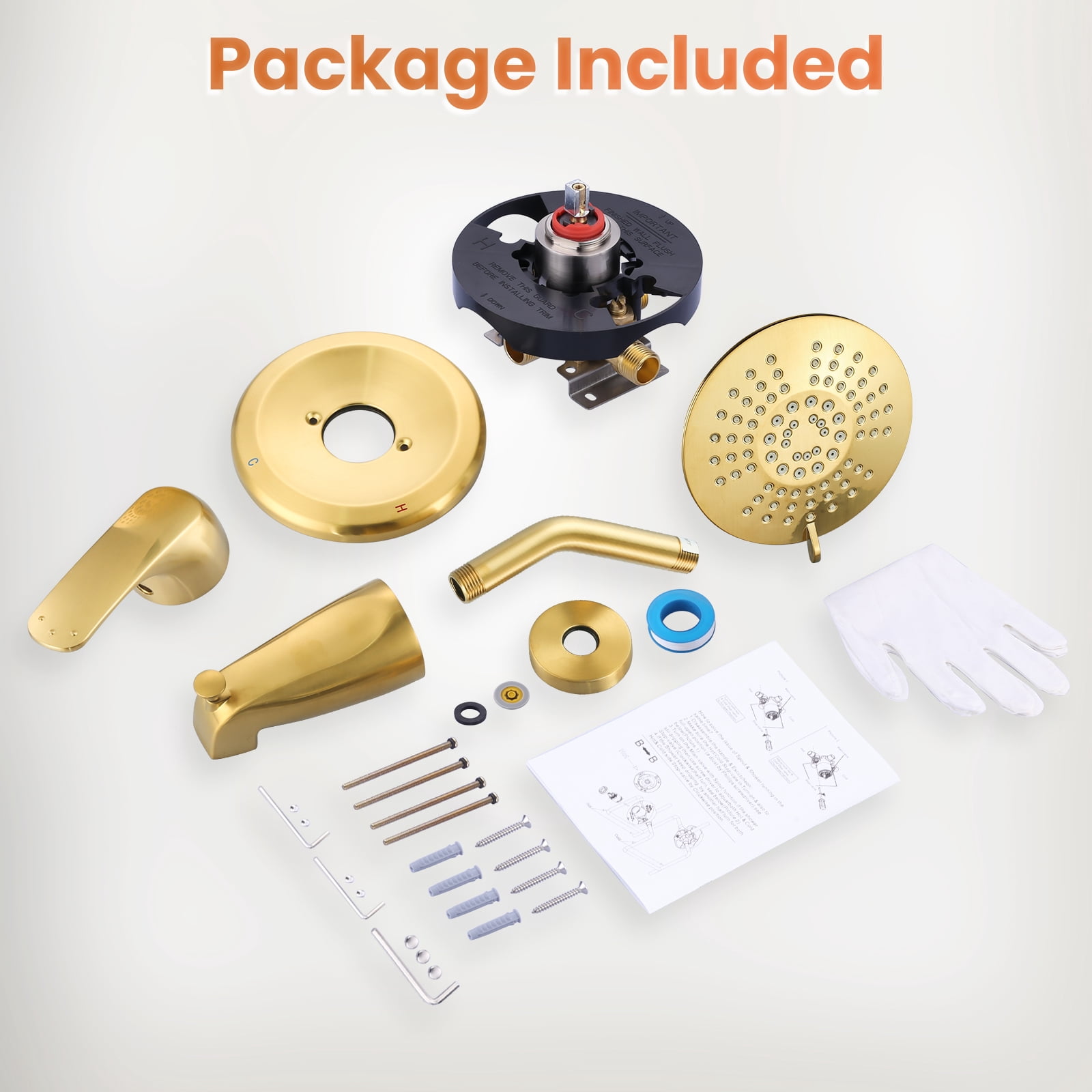 Wowow Shower Faucet with Valve, Bathroom Tub Shower Faucet Kit, Single Handle Rain Shower Head with Tub Spout, Gold
