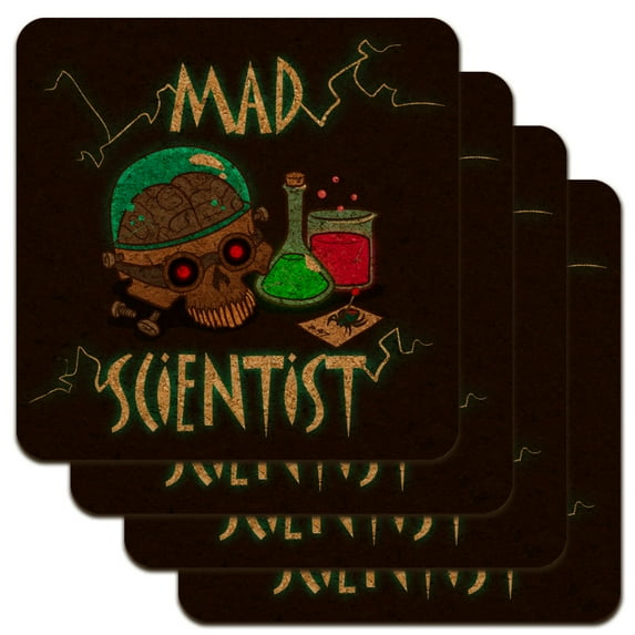Mad Scientist with Beakers Brain Low Profile Novelty Cork Coaster Set