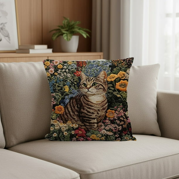 Funda de almohada estilo campestre con gatitos, inspirada en bordados de imitación, ideal para decoración del hogar. Funda de almohada de poliéster.