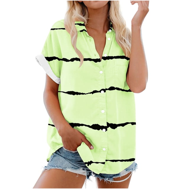 JMYHOAM Hauts pour Femmes Chemise à Boutons Imprimée Mode T-Shirt Ample à Col Rabattu Manches Courtes Hauts/blouses