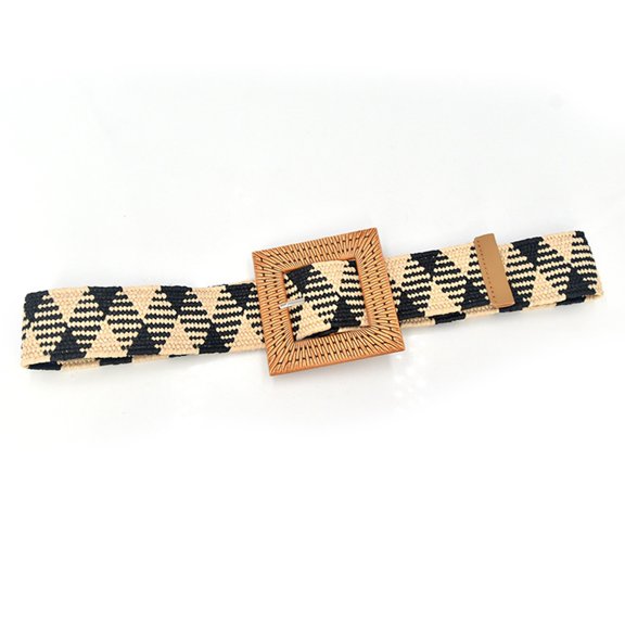 Tiqkatyck Belt Buckle Sales Today Clearance Women Woven Elastic Casual Summer Striped Printed Belt Stretch Skinny Belt with Wooden Buckle Belts for Women Beige