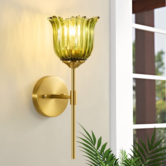 Deyidn Modern Wall Sconce, 1-Light with Green Floral Glass Shade, 5.7inch, Antique Gold Finish