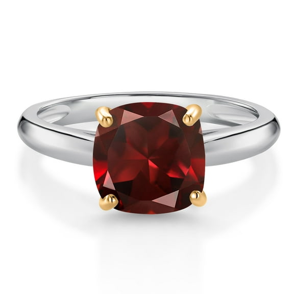 Gem Stone King 925 Sterling Silver and 10K Yellow Gold Red Garnet Solitaire Engagement Ring for Women (2.60 Cttw, Cushion 8MM, Gemstone January Birthstone, Size 6)
