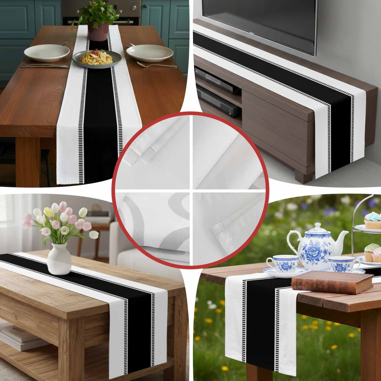 Burlap Table Runner 90 Inches Long, Modern Black Stripe on White Non-Slip Kitchen Table Runners for Dining Room Everyday Use Party Table Decorations Minimalist Geometric Art