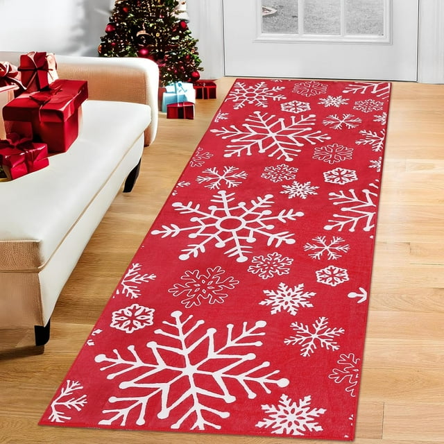 Area Rugs Washable Christmas Rug Xmas Holiday Large Area Rug Non Shedding Soft Christmas Snow Print Solid Rugs for Nursery, Red