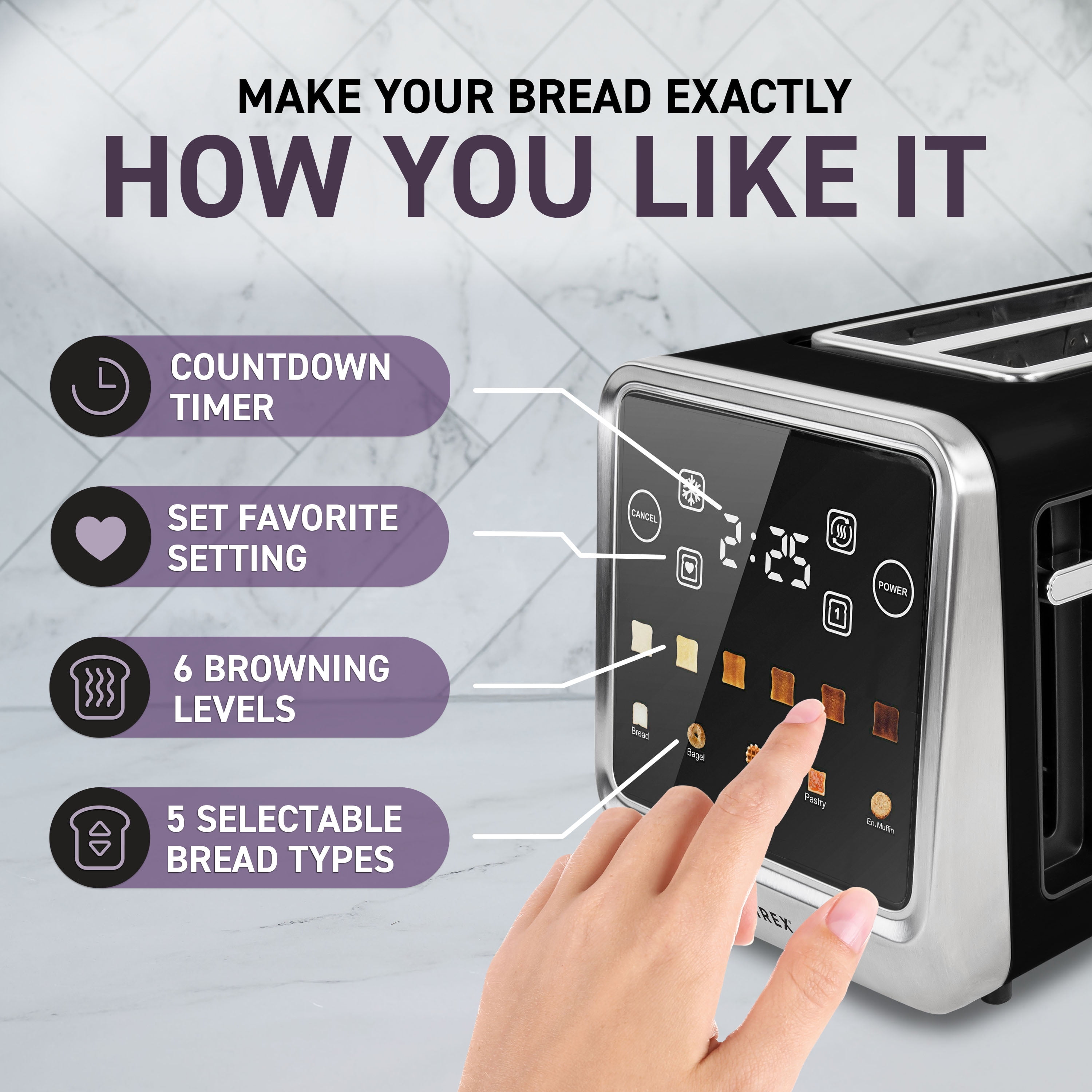 Inspirex Modern 4 Slice Toaster, Smart Toaster with Intuitive Touchscreen Interface, Black