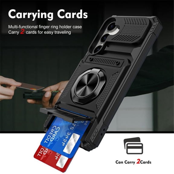 For Samsung Galaxy S26 Plus 5G Phone Case with Finger Ring Holder Kickstand, Card Slots,Heavy Duty Shockproof Rugged Protective Working with Magnetic Car Phone Mount,Black,For Galaxy S26 Plus 5G