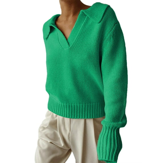 Qiylii Women Female Knitwear Tops, Solid Color Turn-Down V Collar Long Sleeve Sweater