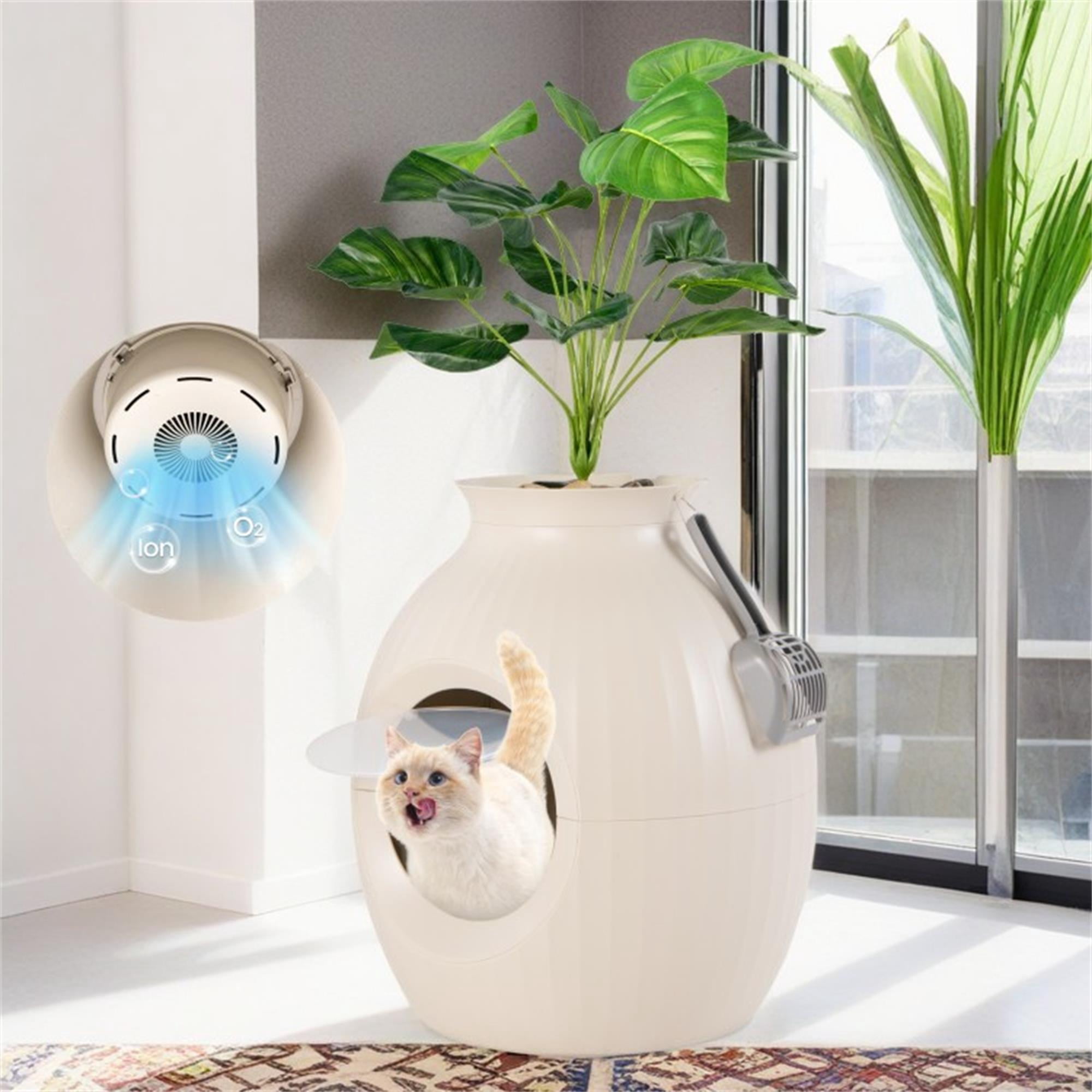 Pefilos 70L Smart Plant Cat Litter Box Enclosure Furniture with Electronic Odor Removal System, Hidden Cat House Washroom with Easy-Push Door, Scoop, Beige