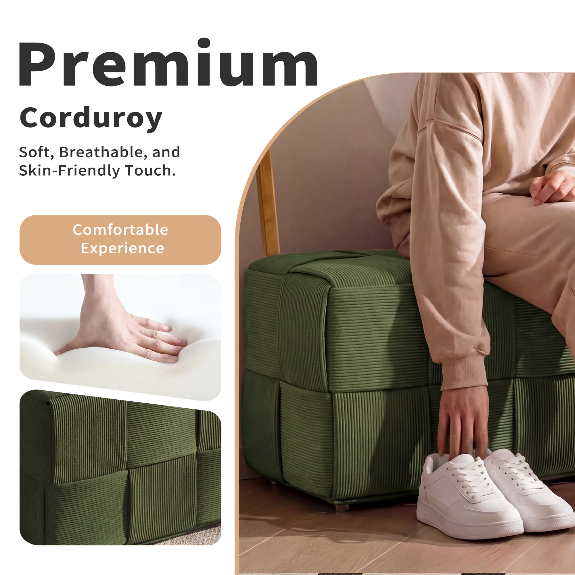 Corduroy Ottoman Foot Rest, Square Upholstered Stool with High-Density Foam and Wood Frame, 300 Lbs Capacity, Multi-Purpose Footstool for Living Room Bedroom Nursery, Green
