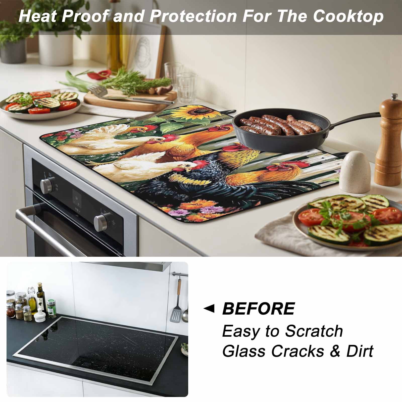 Retro Rooster Stove Top Cover for Electric Stove, Heat-proof & Non Slip Glass Top Stove Cover Protector, Farmhouse Watercolor Animals Floral Kitchen Flat Cooktop Rubber Mat 24x21 Inches