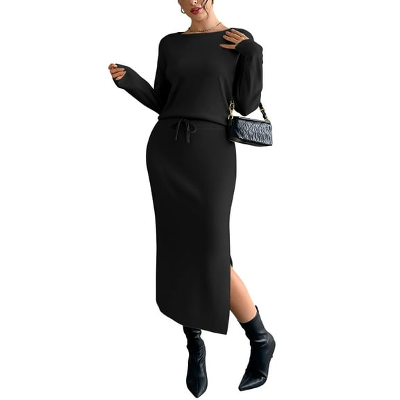 JOYSONS Elegant Women 2 Piece Outfits Sets - Boatneck Long Sleeve Matching Outfits for Women with Slid Slit Midi Length