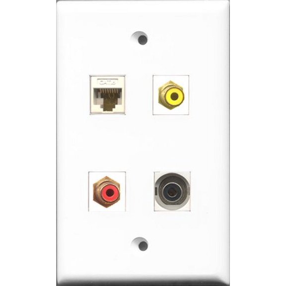RiteAV 1 Port RCA Red and 1 Port RCA Yellow and 1 Port 3.5mm and 1 Port Cat6 Ethernet White Wall Plate