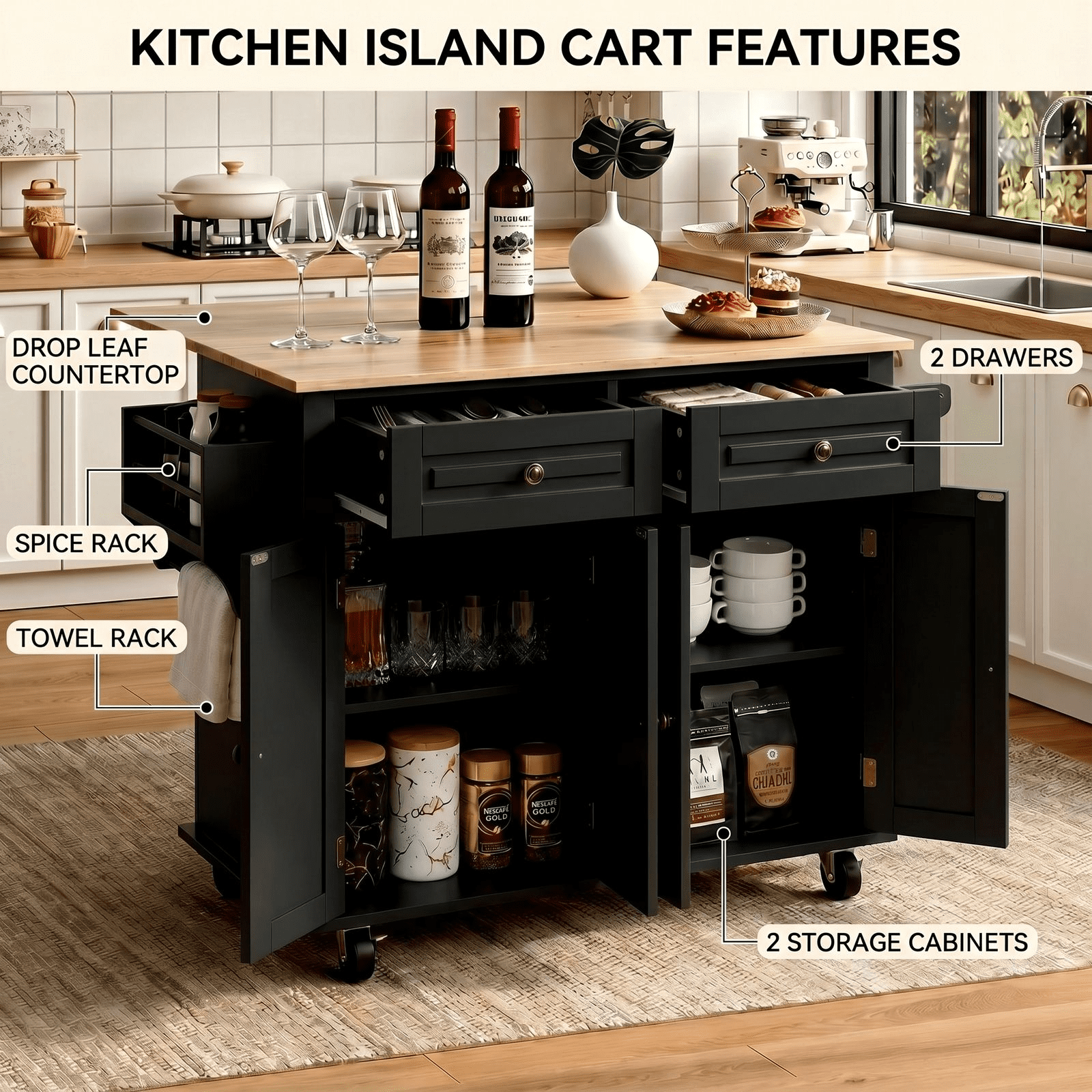 RichYa Rolling Kitchen Islands Cart on Wheels with Storage and Drop Leaf, Microwave Table with Rubber Wood Top, Drawers and Spice & Towel Rack,Black