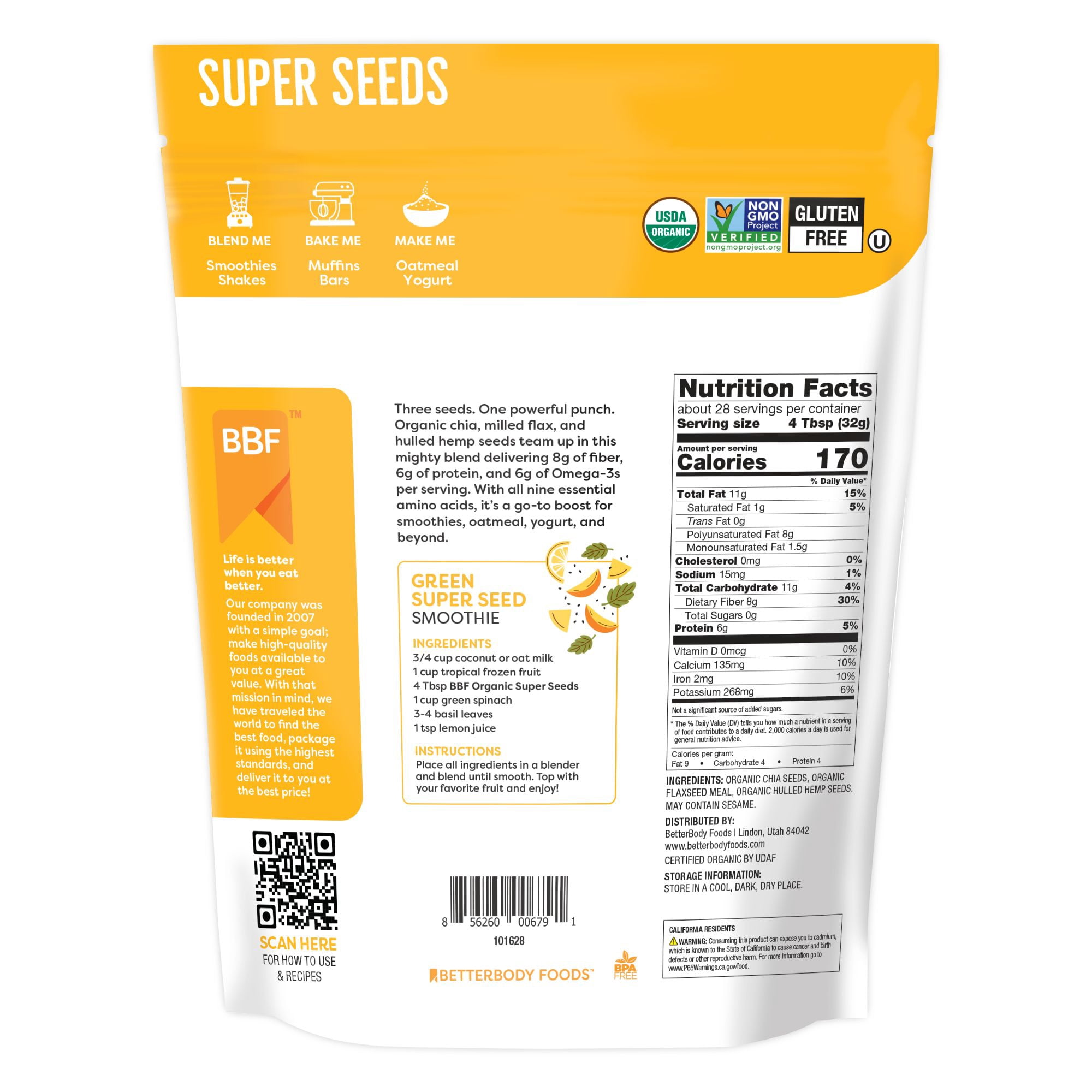 BetterBody Foods Organic Super Seeds, Chia Seeds, Flaxseed Meal, & Hemp Seeds, 32 oz