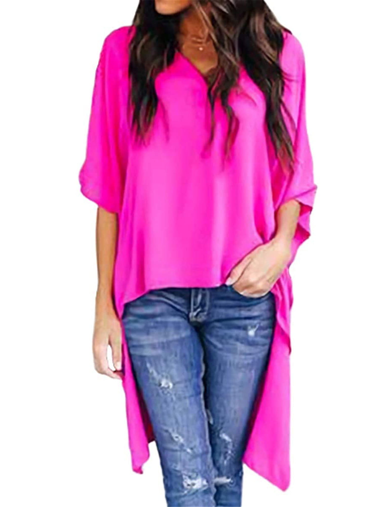 Womens Fashion V-Neck Solid Color Printed Shirt Trumpet Sleeve Shirt Casual Wild Loose Shirt