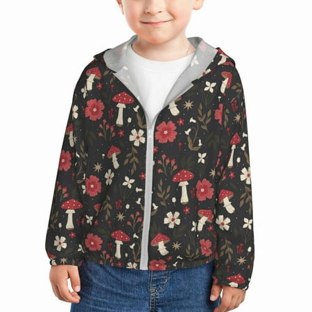 

Sun Hoodie for Kids Fly Agaric and Flowers Long Sleeve Swim Fishing Shirts Sun Protection Zip Up Jacket Clothing Athletic Hoodie