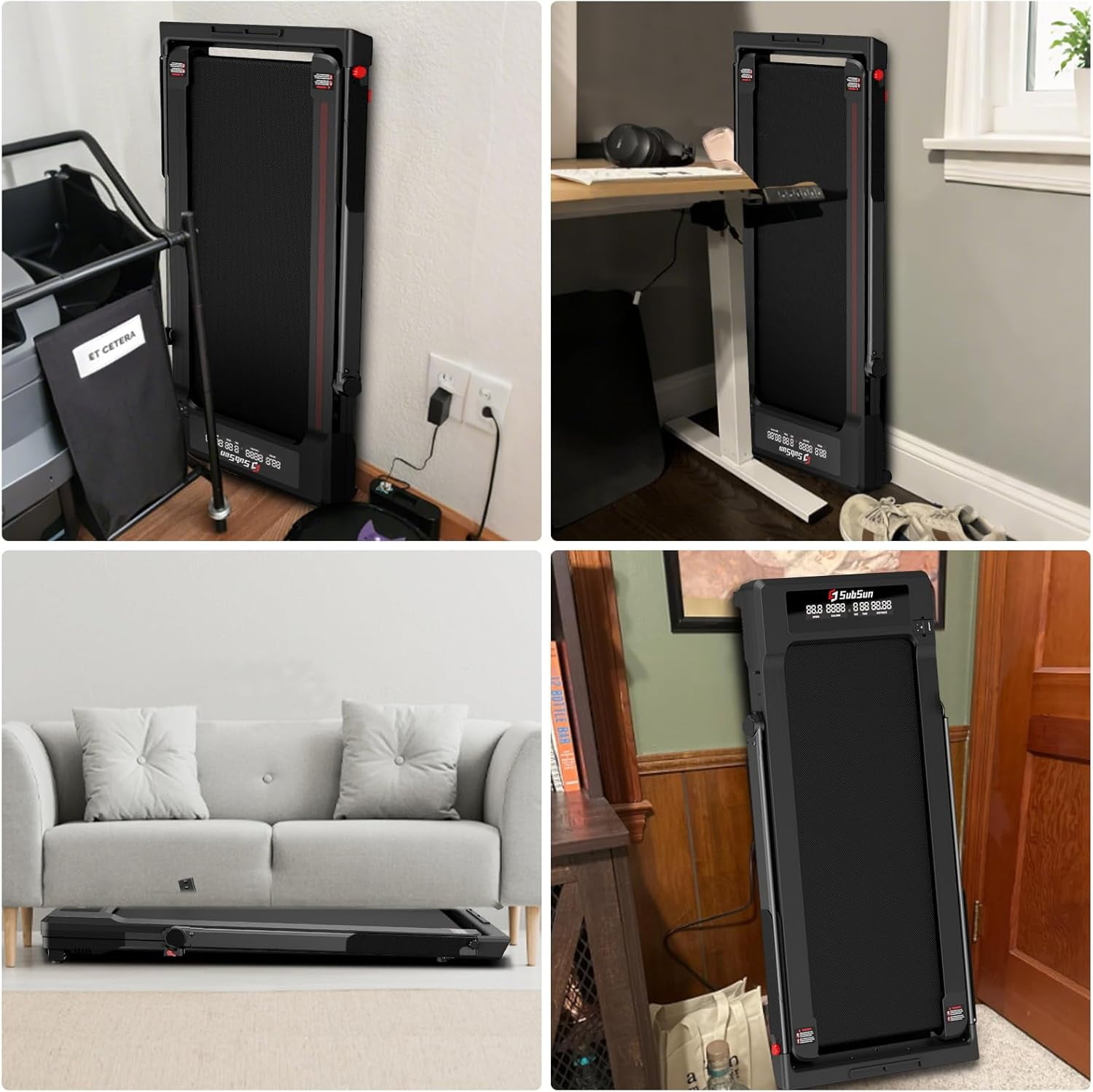 SubSunFolding Treadmill, Walking Pad with Handle, Under Desk Portable Treadmill for Home, Black/White
