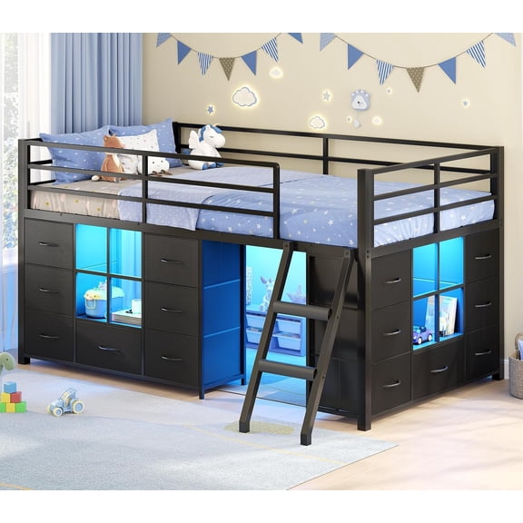 Toogaho Twin Loft Bed with 14 Storage Drawers,2 Open Shelves and LED Lights,Metal Low Loft Bed with 13.6"H Safety Guardrail & Ladder & Under-Bed Play Space,Black