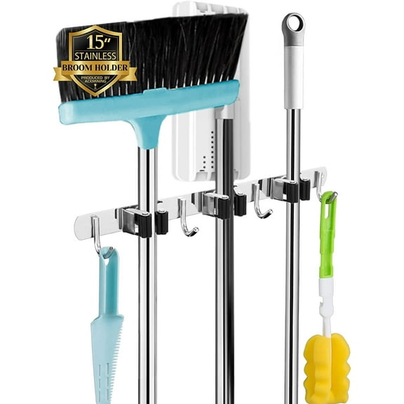 3 Racks and 4 Hooks Hanonwoven Wall-Mounted Mop and Broom Holder, Heavy-Duty Stainless Steel Storage Organizer with Self-Adhesive, Non-Slip Design for Home, Kitchen, Garden, Laundry