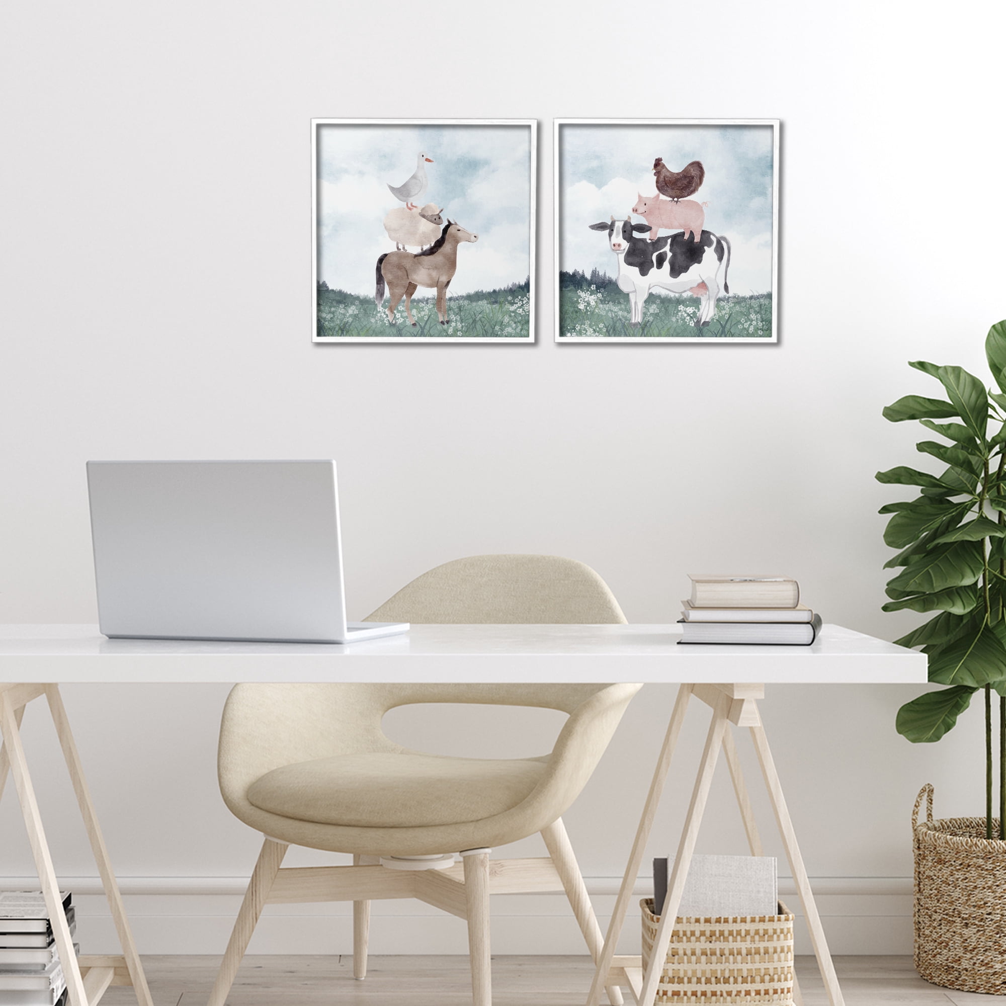 Stupell Industries Stacked Animals Blue Sky Farm 2 Piece White Framed Giclee Art Set, design by Kim Allen