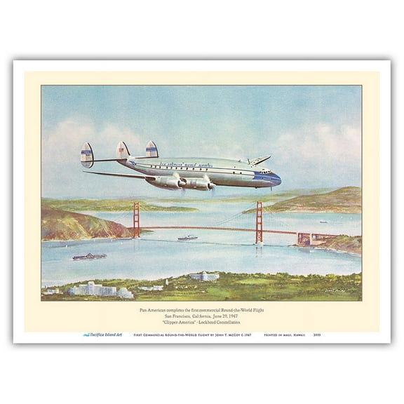First Commercial Round-the-World Flight - Lockheed Constellation - Vintage Travel Poster by John T. McCoy c.1947 - Master Art Print (Unframed) 9in x 12in