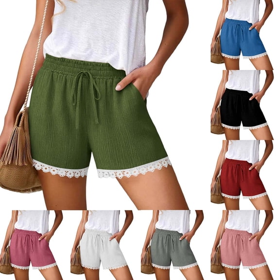 Zedker Plus Size Lace Trim Elastic High Waisted Shorts for Women 2026 Summer Casual Loose Vacation Beach Lounge Ruffle Shorts Size S-XXL