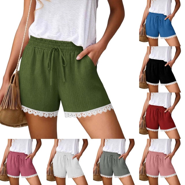 Sentmoon Plus Size Shorts for Women Drawstring Elastic Waist Beach Shorts Stretchy Solid Color Lace Regular Fit Cute Shorts Delightful for Running and Training S-2XL