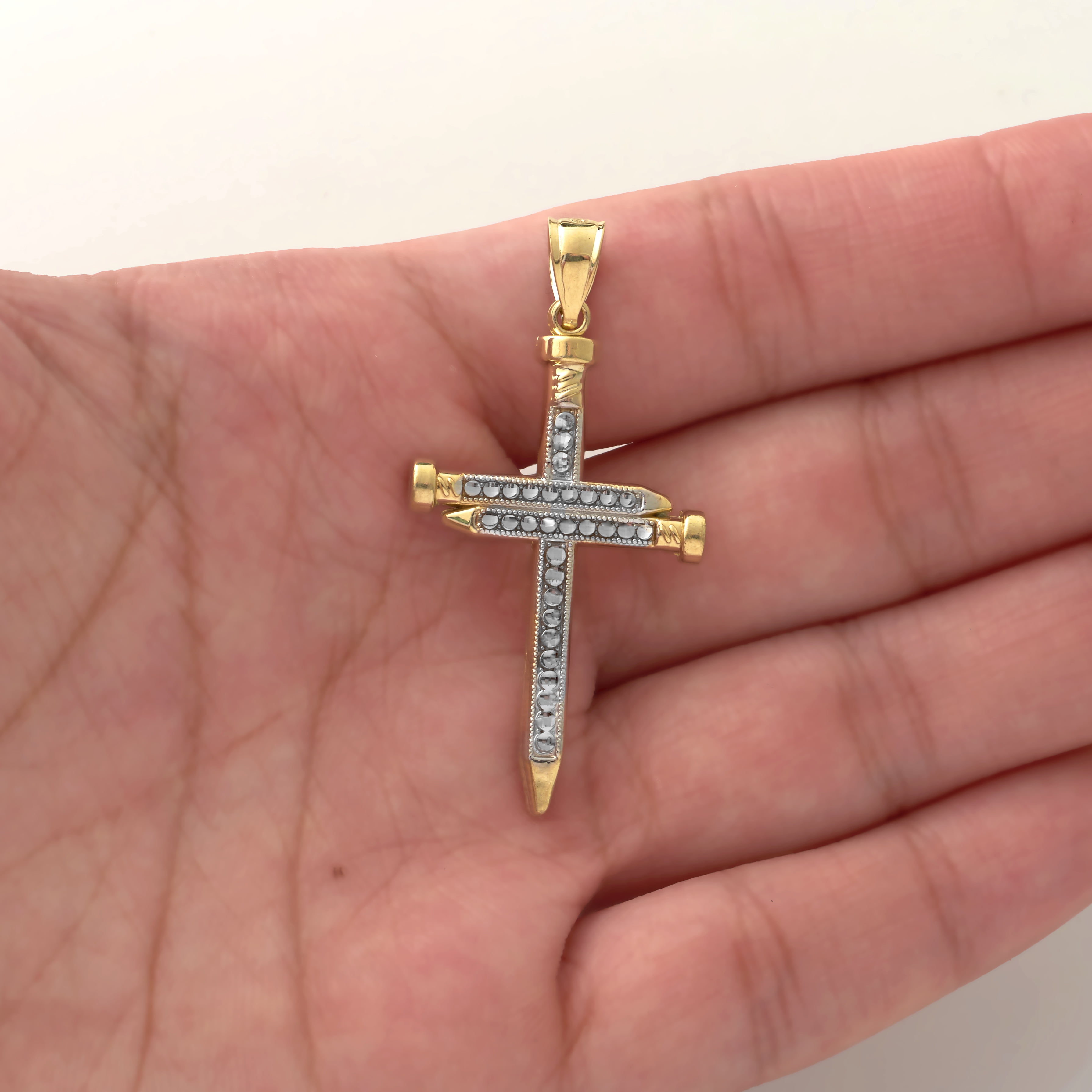LoveBling 10K Yellow Gold Two-Tone Triple Nail Cross Charm (1.78" x .90")