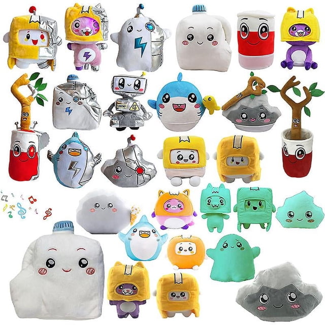 Muñeco de leche musical, cubo de árbol de tiburón, juguetes sin música que brillan en la oscuridad, peluche fantasmal, muñecos de peluche de Robot Boxy/astuto